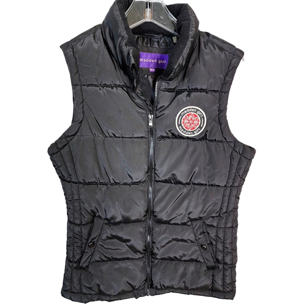 Madden Girl Vest Women M Black Puffer Vest Quilted Fleece Lined Zip Up Preppy